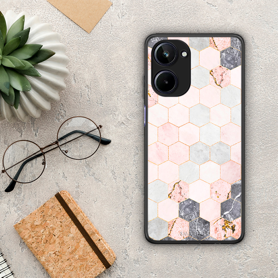 Θήκη Realme 10 Marble Hexagon Pink από τη Smartfits με σχέδιο στο πίσω μέρος και μαύρο περίβλημα | Realme 10 Marble Hexagon Pink Case with Colorful Back and Black Bezels