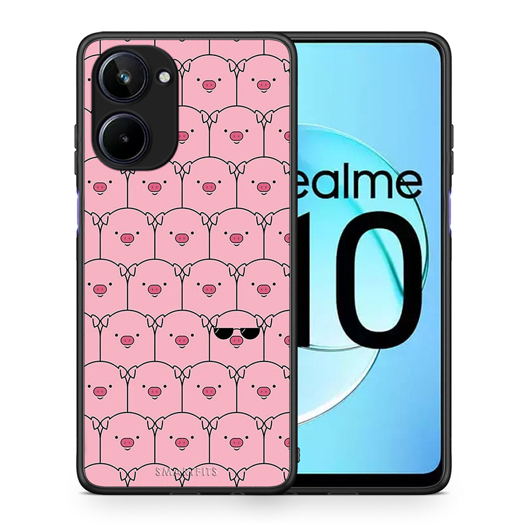 Θήκη Realme 10 Pig Glasses από τη Smartfits με σχέδιο στο πίσω μέρος και μαύρο περίβλημα | Realme 10 Pig Glasses Case with Colorful Back and Black Bezels