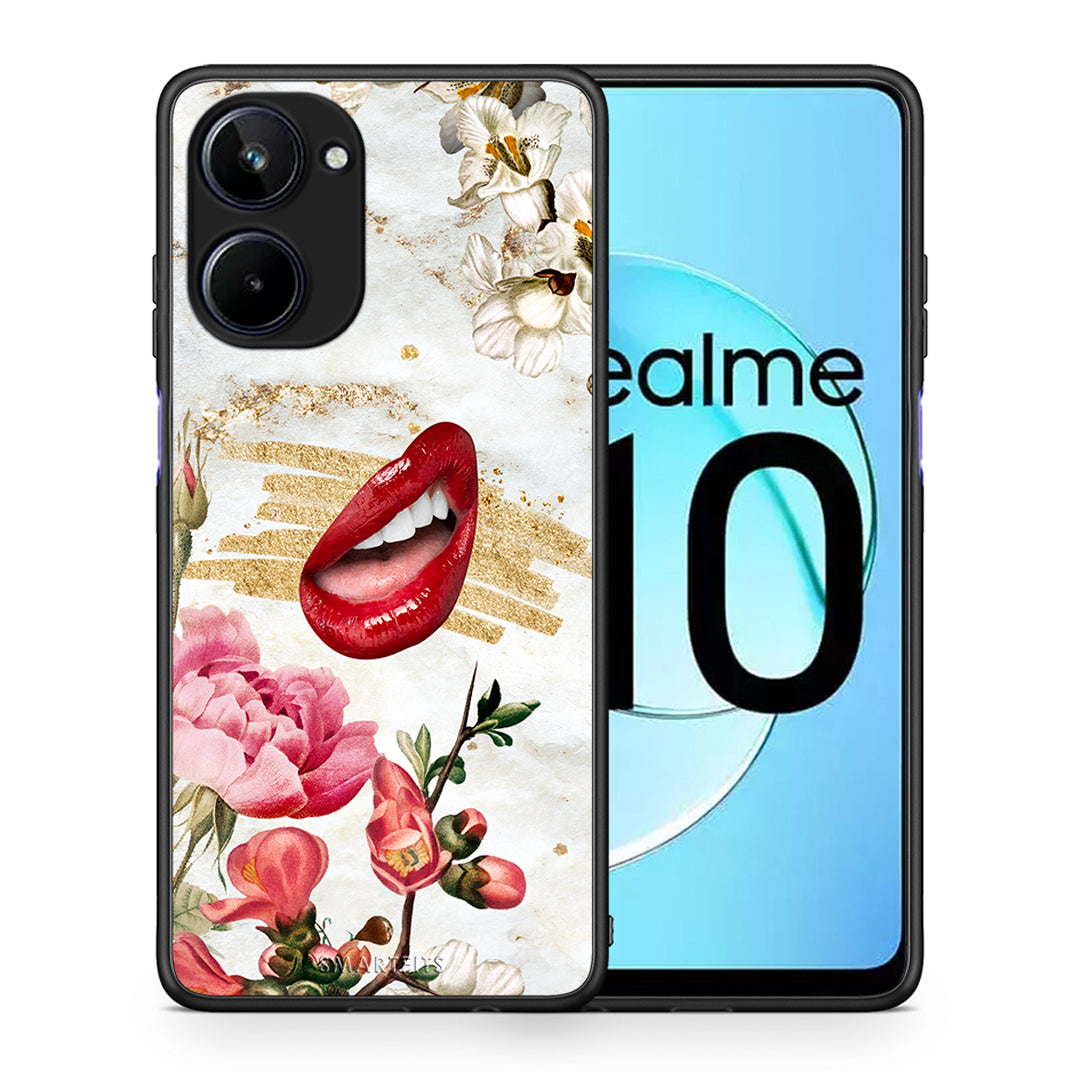 Θήκη Realme 10 Red Lips από τη Smartfits με σχέδιο στο πίσω μέρος και μαύρο περίβλημα | Realme 10 Red Lips Case with Colorful Back and Black Bezels