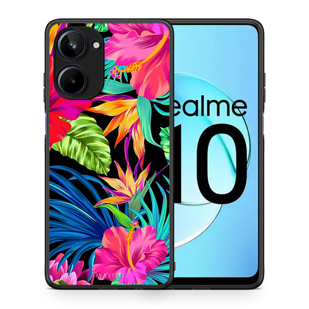 Θήκη Realme 10 Tropical Flowers από τη Smartfits με σχέδιο στο πίσω μέρος και μαύρο περίβλημα | Realme 10 Tropical Flowers Case with Colorful Back and Black Bezels