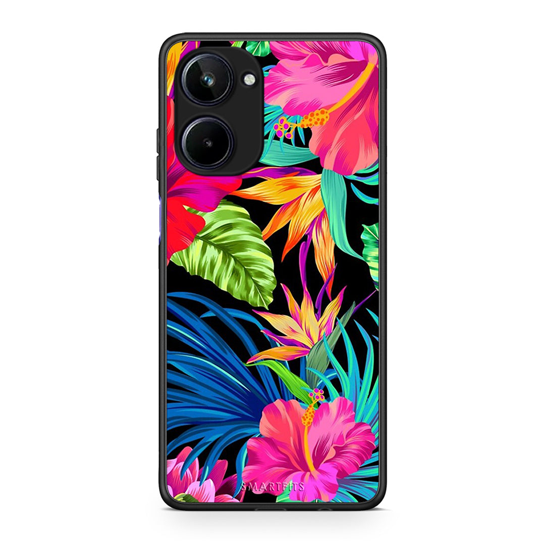 Θήκη Realme 10 Tropical Flowers από τη Smartfits με σχέδιο στο πίσω μέρος και μαύρο περίβλημα | Realme 10 Tropical Flowers Case with Colorful Back and Black Bezels