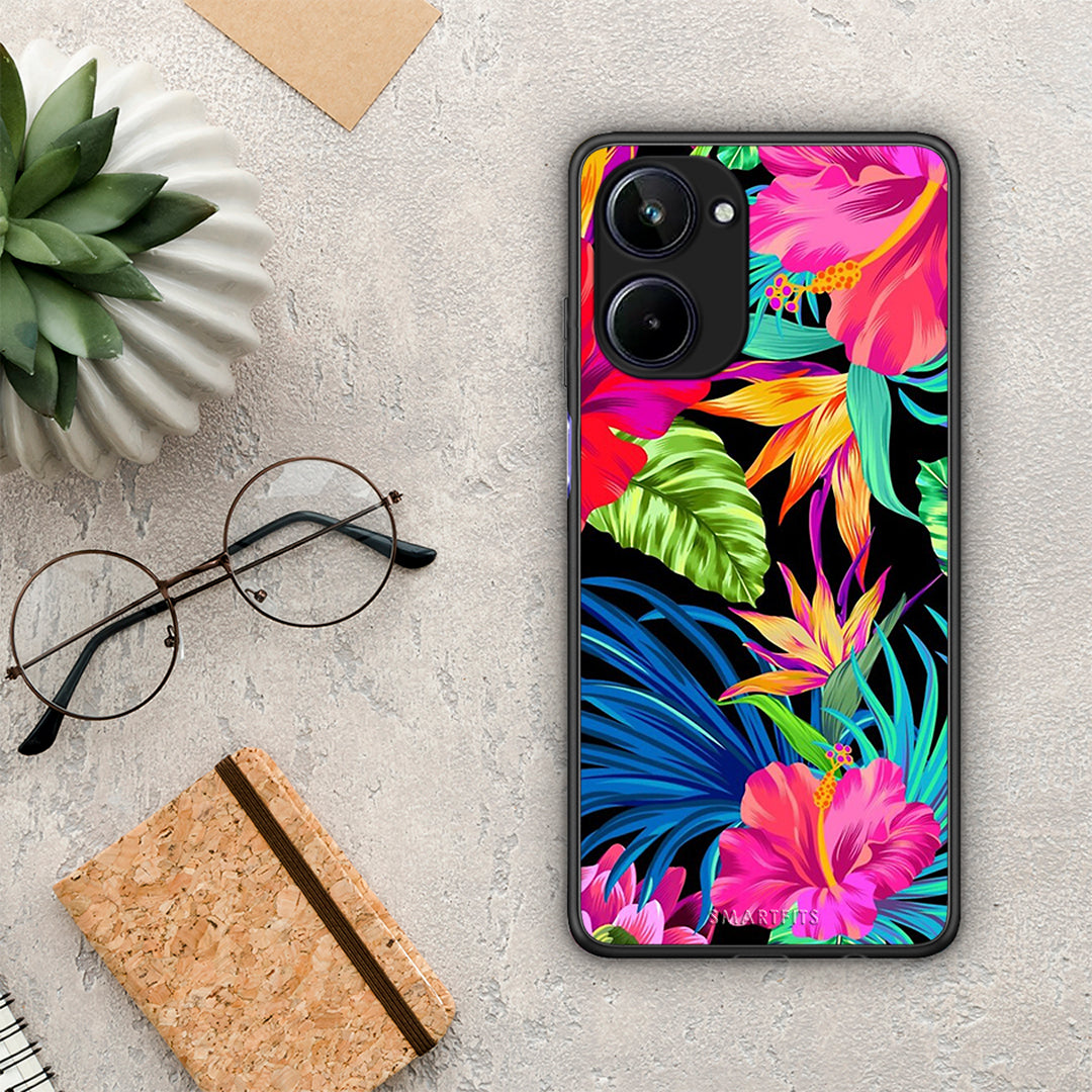 Θήκη Realme 10 Tropical Flowers από τη Smartfits με σχέδιο στο πίσω μέρος και μαύρο περίβλημα | Realme 10 Tropical Flowers Case with Colorful Back and Black Bezels