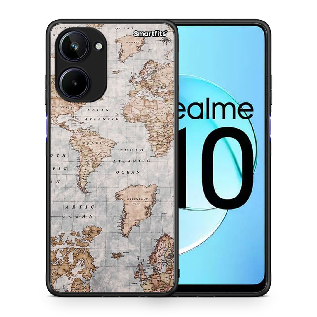 Θήκη Realme 10 World Map από τη Smartfits με σχέδιο στο πίσω μέρος και μαύρο περίβλημα | Realme 10 World Map Case with Colorful Back and Black Bezels