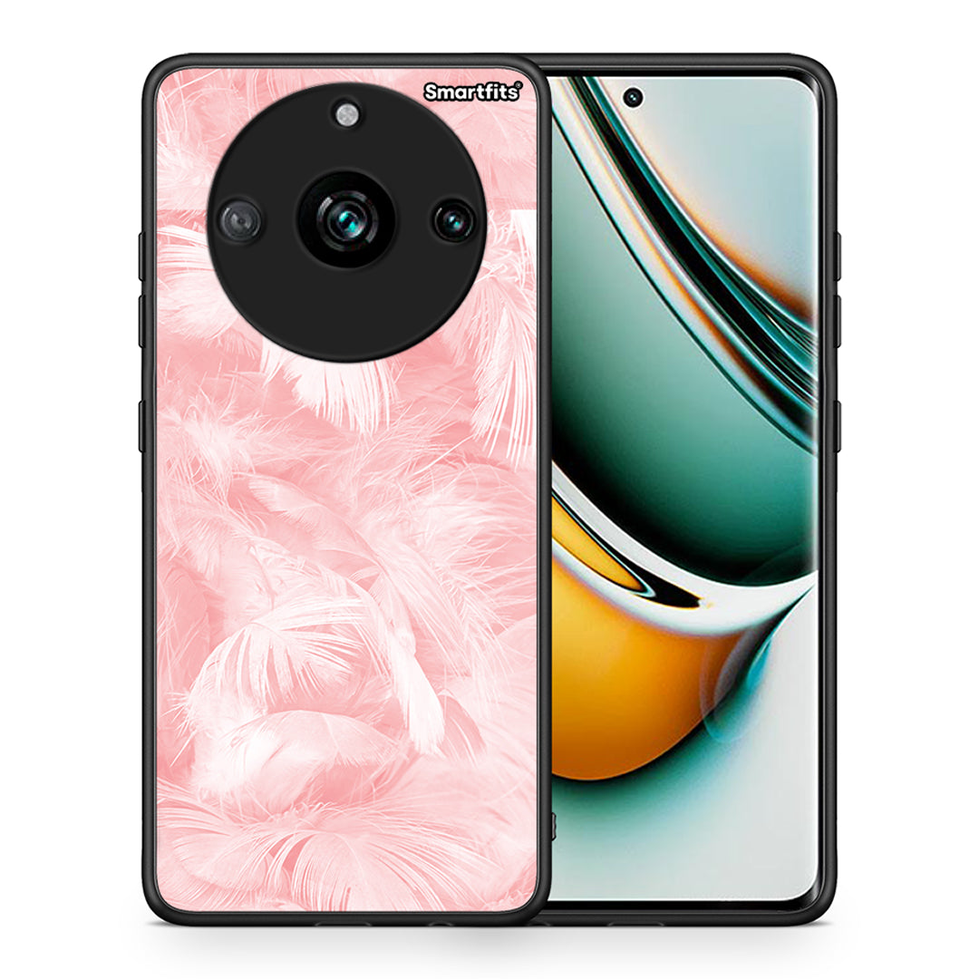 Θήκη Realme 11 Pro+ Pink Feather Boho από τη Smartfits με σχέδιο στο πίσω μέρος και μαύρο περίβλημα | Realme 11 Pro+ Pink Feather Boho case with colorful back and black bezels