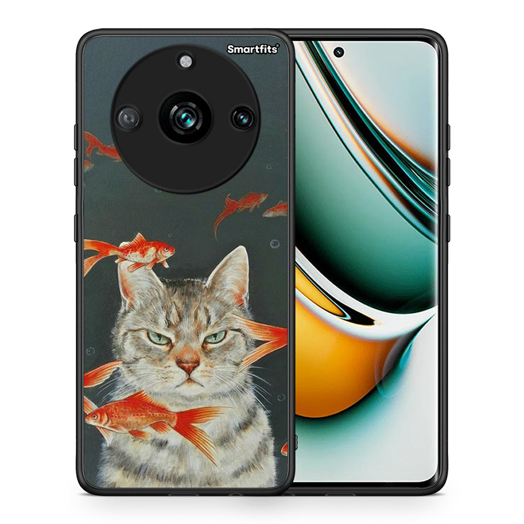 Θήκη Realme 11 Pro Cat Goldfish από τη Smartfits με σχέδιο στο πίσω μέρος και μαύρο περίβλημα | Realme 11 Pro Cat Goldfish case with colorful back and black bezels