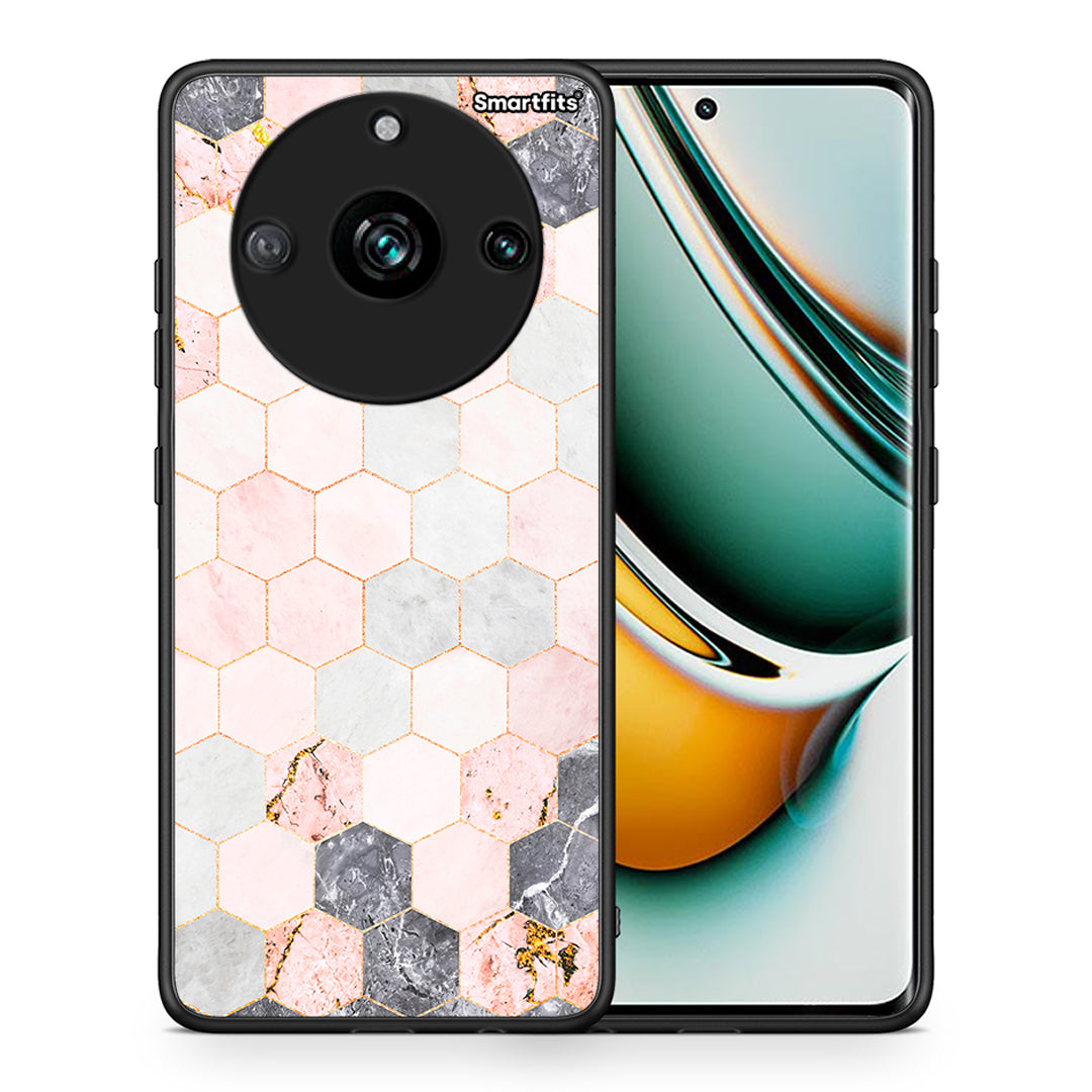 Θήκη Realme 11 Pro Hexagon Pink Marble από τη Smartfits με σχέδιο στο πίσω μέρος και μαύρο περίβλημα | Realme 11 Pro Hexagon Pink Marble case with colorful back and black bezels