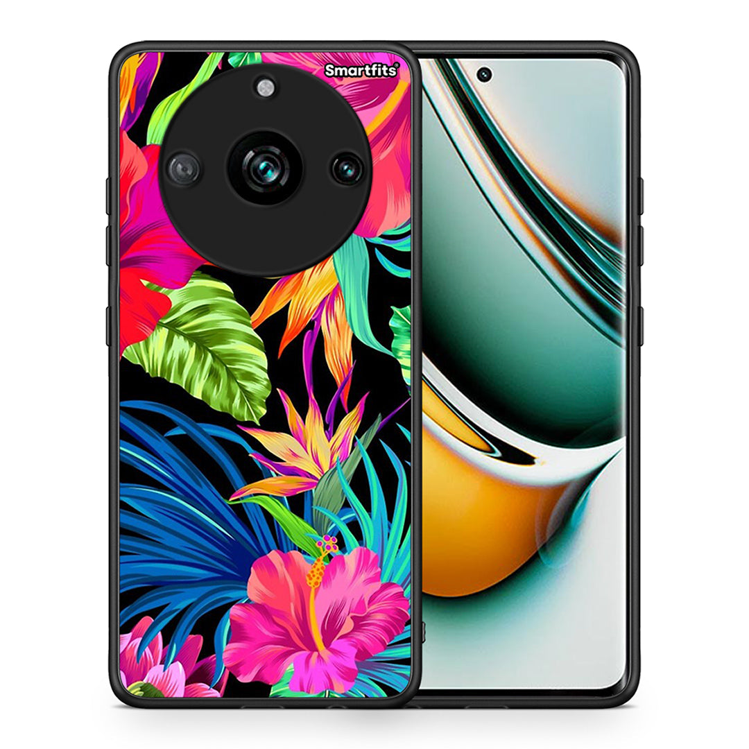 Θήκη Realme 11 Pro+ Tropical Flowers από τη Smartfits με σχέδιο στο πίσω μέρος και μαύρο περίβλημα | Realme 11 Pro+ Tropical Flowers case with colorful back and black bezels