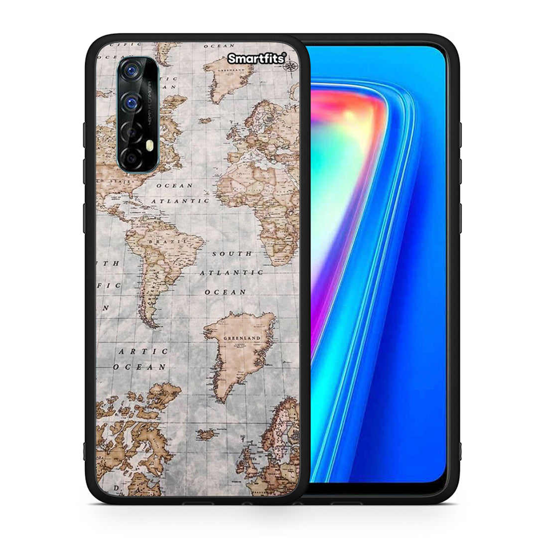 Θήκη Realme 7 World Map από τη Smartfits με σχέδιο στο πίσω μέρος και μαύρο περίβλημα | Realme 7 World Map case with colorful back and black bezels