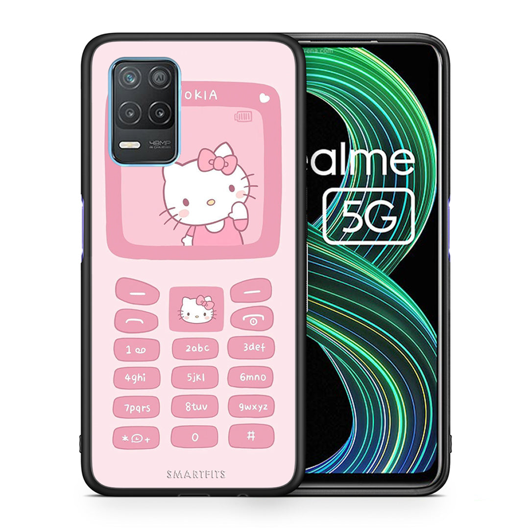 Θήκη Αγίου Βαλεντίνου Realme 8 5G Hello Kitten από τη Smartfits με σχέδιο στο πίσω μέρος και μαύρο περίβλημα | Realme 8 5G Hello Kitten case with colorful back and black bezels