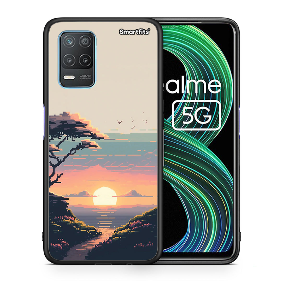 Θήκη Realme 8 5G Pixel Sunset από τη Smartfits με σχέδιο στο πίσω μέρος και μαύρο περίβλημα | Realme 8 5G Pixel Sunset case with colorful back and black bezels