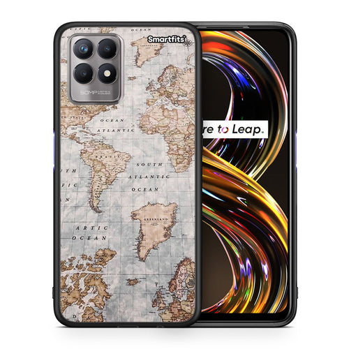 Θήκη Realme 8i World Map από τη Smartfits με σχέδιο στο πίσω μέρος και μαύρο περίβλημα | Realme 8i World Map case with colorful back and black bezels