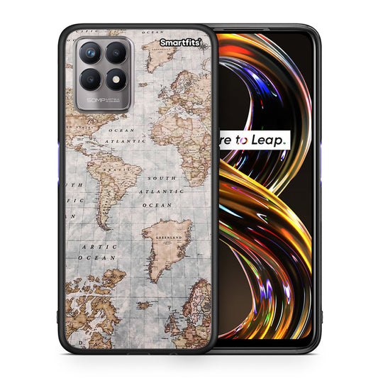 Θήκη Realme 8i World Map από τη Smartfits με σχέδιο στο πίσω μέρος και μαύρο περίβλημα | Realme 8i World Map case with colorful back and black bezels