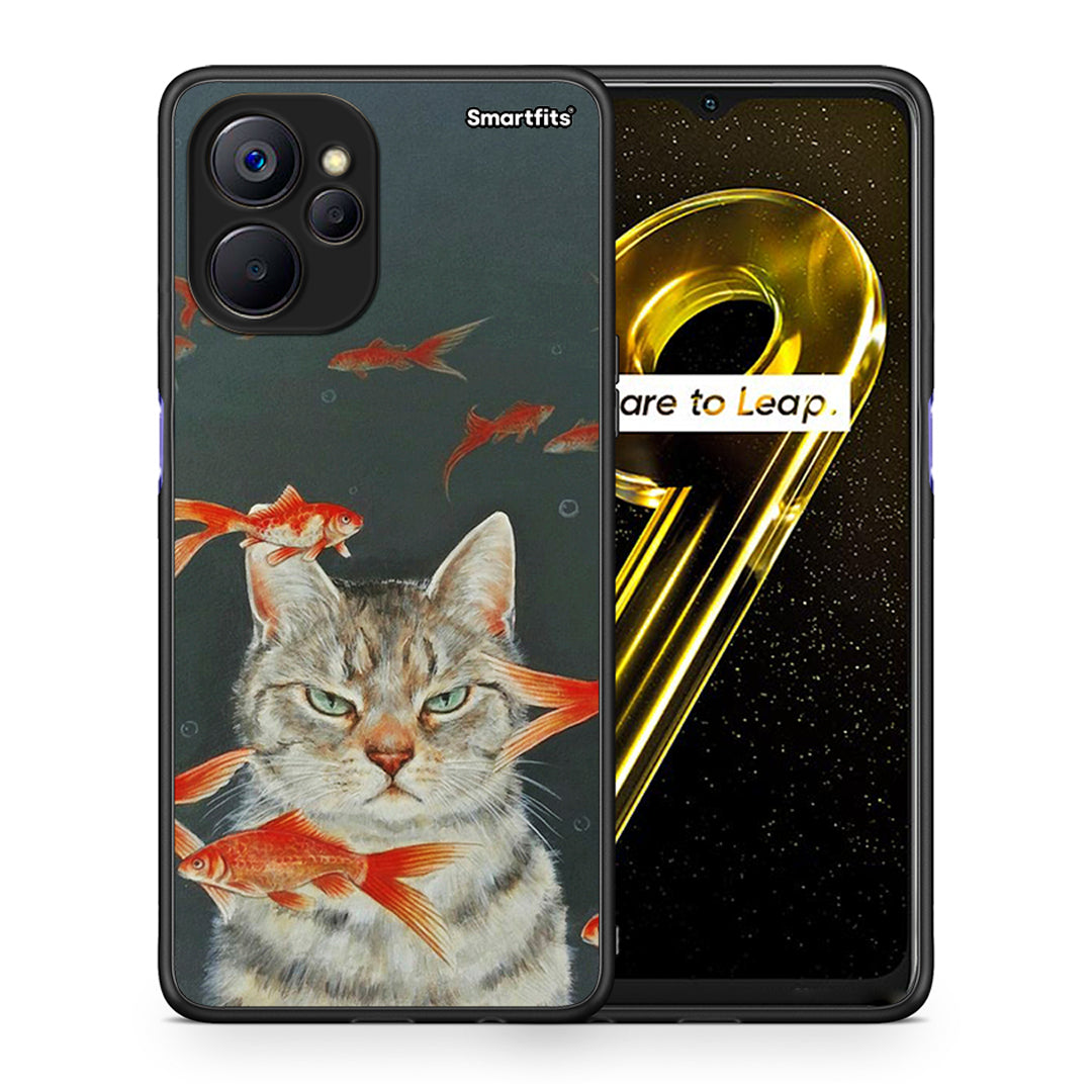 Θήκη Realme 9i 5G Cat Goldfish από τη Smartfits με σχέδιο στο πίσω μέρος και μαύρο περίβλημα | Realme 9i 5G Cat Goldfish case with colorful back and black bezels
