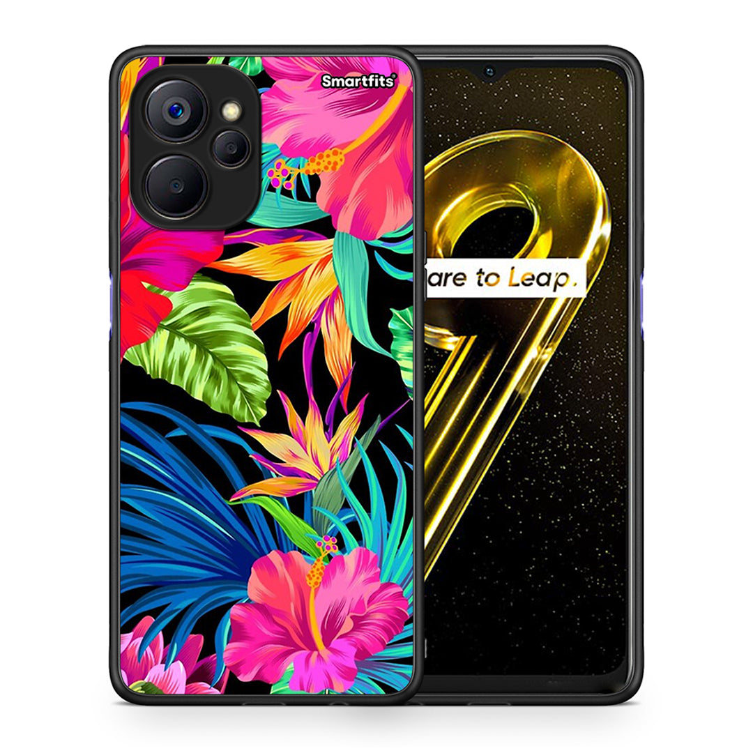 Θήκη Realme 9i 5G Tropical Flowers από τη Smartfits με σχέδιο στο πίσω μέρος και μαύρο περίβλημα | Realme 9i 5G Tropical Flowers case with colorful back and black bezels