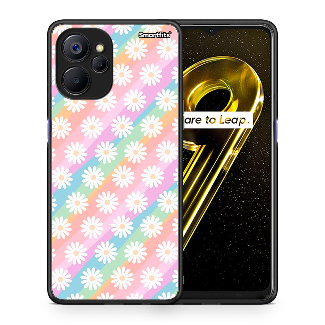 Θήκη Realme 9i 5G White Daisies από τη Smartfits με σχέδιο στο πίσω μέρος και μαύρο περίβλημα | Realme 9i 5G White Daisies case with colorful back and black bezels