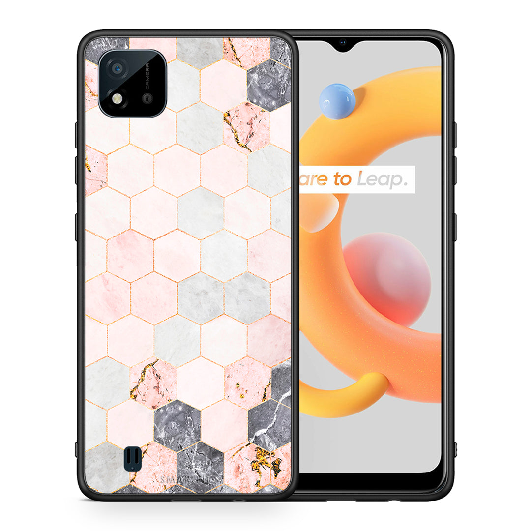 Θήκη Realme C11 2021 Hexagon Pink Marble από τη Smartfits με σχέδιο στο πίσω μέρος και μαύρο περίβλημα | Realme C11 2021 Hexagon Pink Marble case with colorful back and black bezels