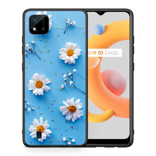 Θήκη Realme C11 2021 Real Daisies από τη Smartfits με σχέδιο στο πίσω μέρος και μαύρο περίβλημα | Realme C11 2021 Real Daisies case with colorful back and black bezels