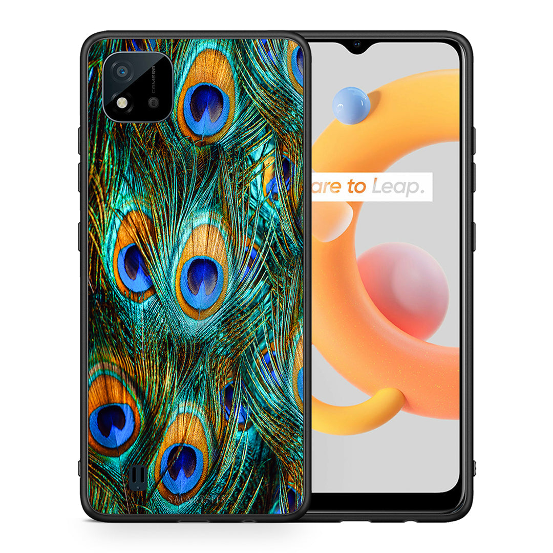 Θήκη Realme C11 2021 Real Peacock Feathers από τη Smartfits με σχέδιο στο πίσω μέρος και μαύρο περίβλημα | Realme C11 2021 Real Peacock Feathers case with colorful back and black bezels