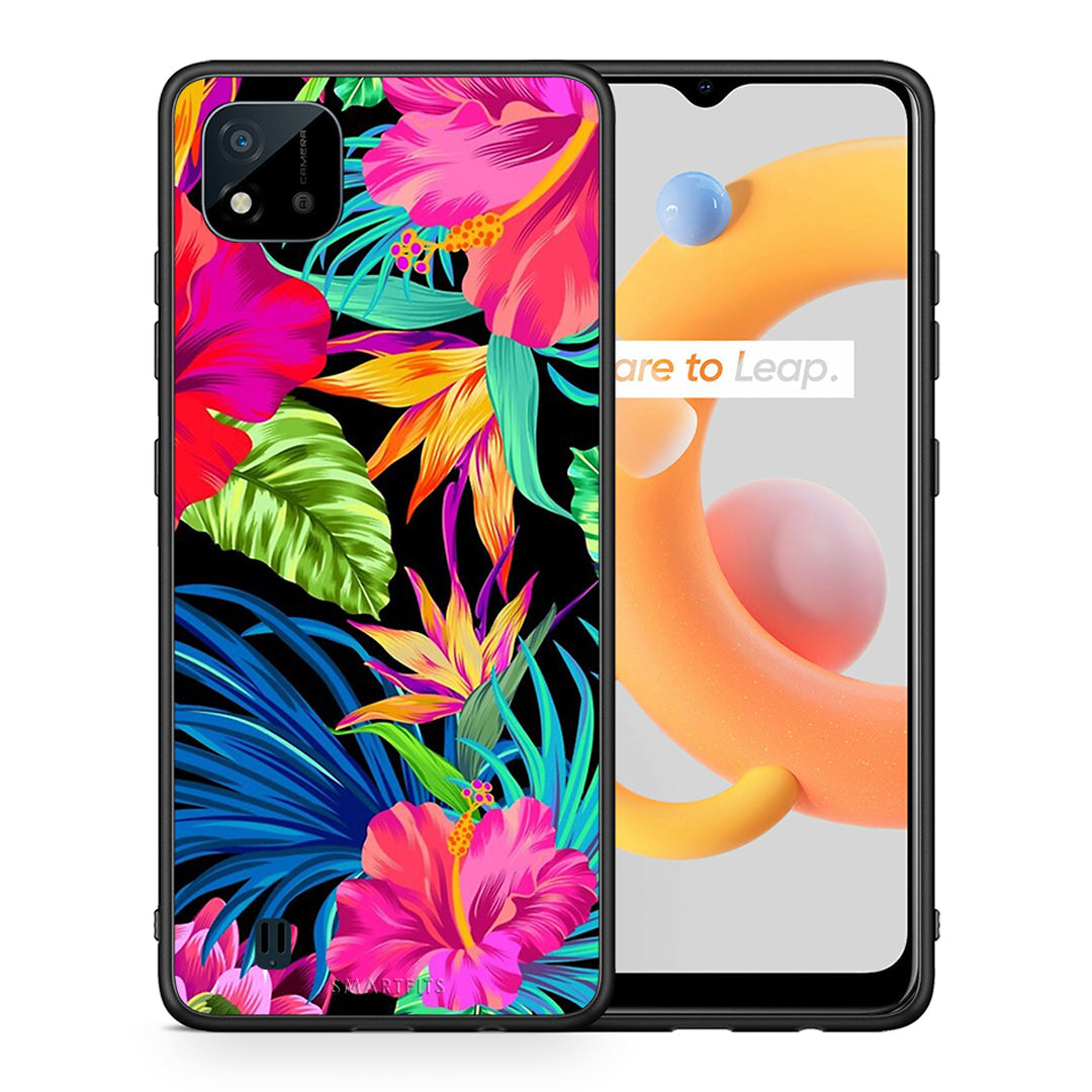 Θήκη Realme C11 2021 Tropical Flowers από τη Smartfits με σχέδιο στο πίσω μέρος και μαύρο περίβλημα | Realme C11 2021 Tropical Flowers case with colorful back and black bezels
