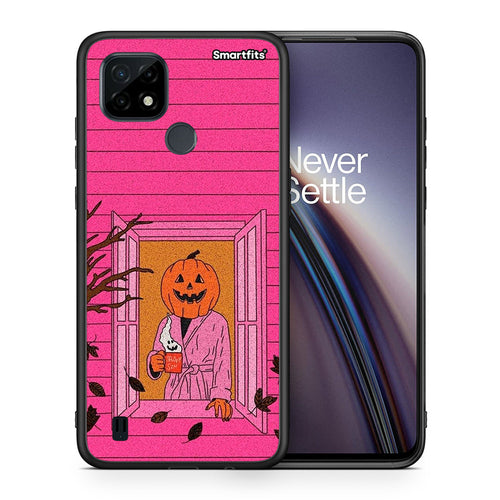 Θήκη Realme C21 Halloween Pumpkin Lady από τη Smartfits με σχέδιο στο πίσω μέρος και μαύρο περίβλημα |Realme C21 Halloween Pumpkin Lady case with colorful back and black bezels