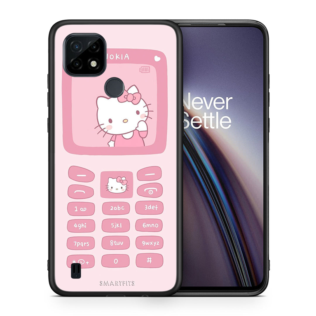 Θήκη Αγίου Βαλεντίνου Realme C21 Hello Kitten από τη Smartfits με σχέδιο στο πίσω μέρος και μαύρο περίβλημα |Realme C21 Hello Kitten case with colorful back and black bezels