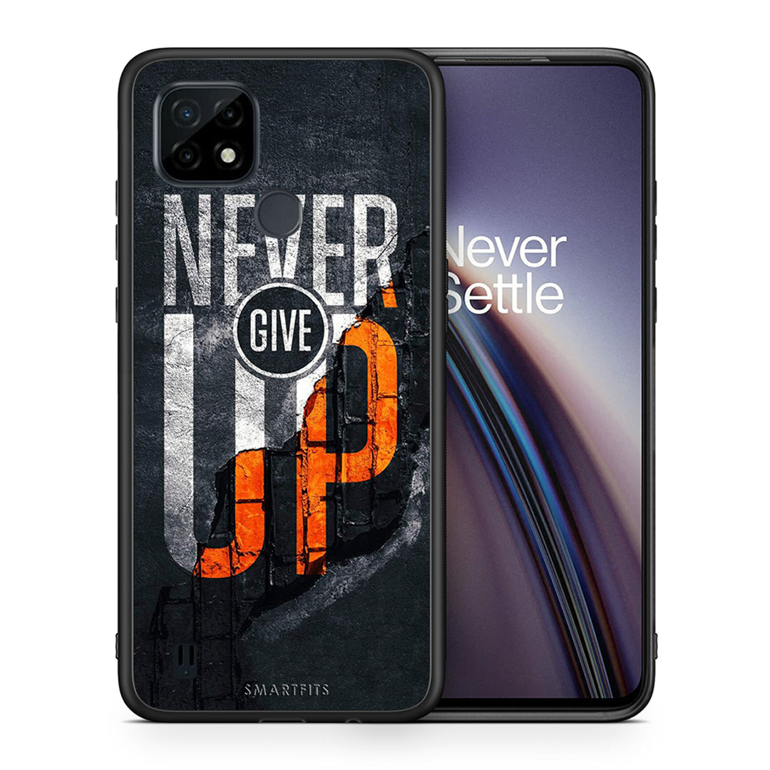 Θήκη Αγίου Βαλεντίνου Realme C21 Never Give Up από τη Smartfits με σχέδιο στο πίσω μέρος και μαύρο περίβλημα |Realme C21 Never Give Up case with colorful back and black bezels