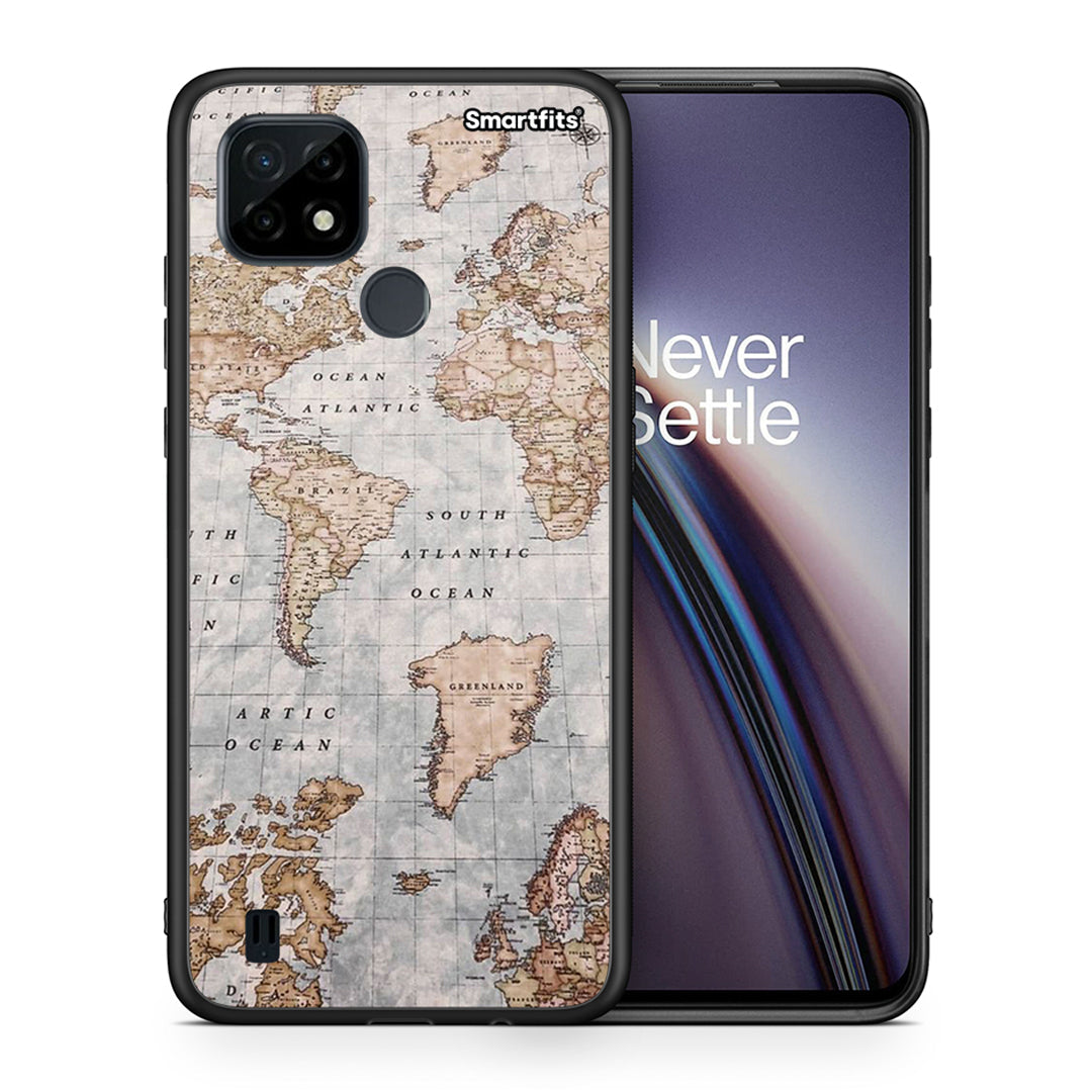 Θήκη Realme C21 World Map από τη Smartfits με σχέδιο στο πίσω μέρος και μαύρο περίβλημα |Realme C21 World Map case with colorful back and black bezels