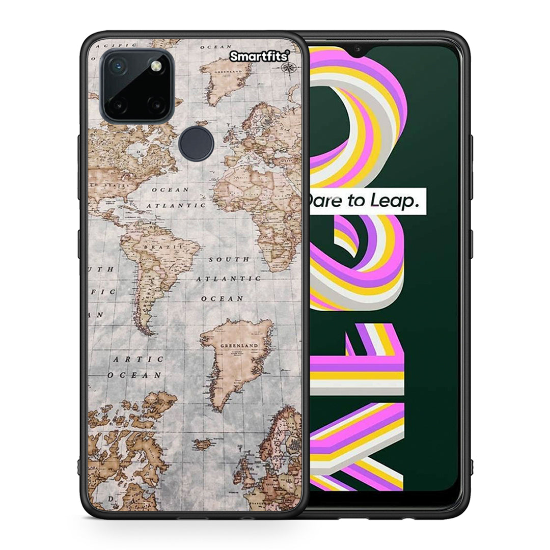Θήκη Realme C21Y / C25Y / 7i (Global) World Map από τη Smartfits με σχέδιο στο πίσω μέρος και μαύρο περίβλημα | Realme C21Y / C25Y / 7i (Global) World Map case with colorful back and black bezels