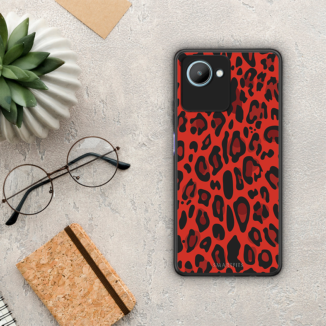 Θήκη Realme C30 Animal Red Leopard από τη Smartfits με σχέδιο στο πίσω μέρος και μαύρο περίβλημα | Realme C30 Animal Red Leopard Case with Colorful Back and Black Bezels