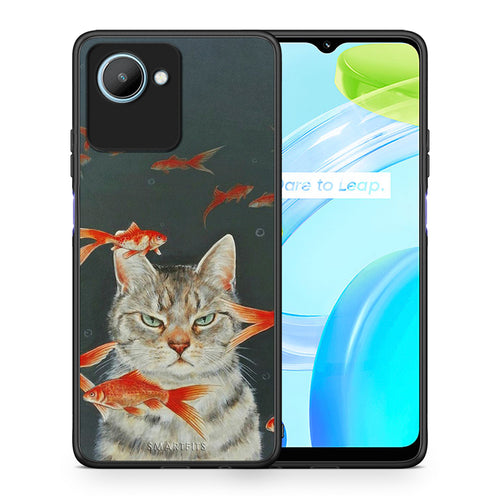 Θήκη Realme C30 Cat Goldfish από τη Smartfits με σχέδιο στο πίσω μέρος και μαύρο περίβλημα | Realme C30 Cat Goldfish Case with Colorful Back and Black Bezels