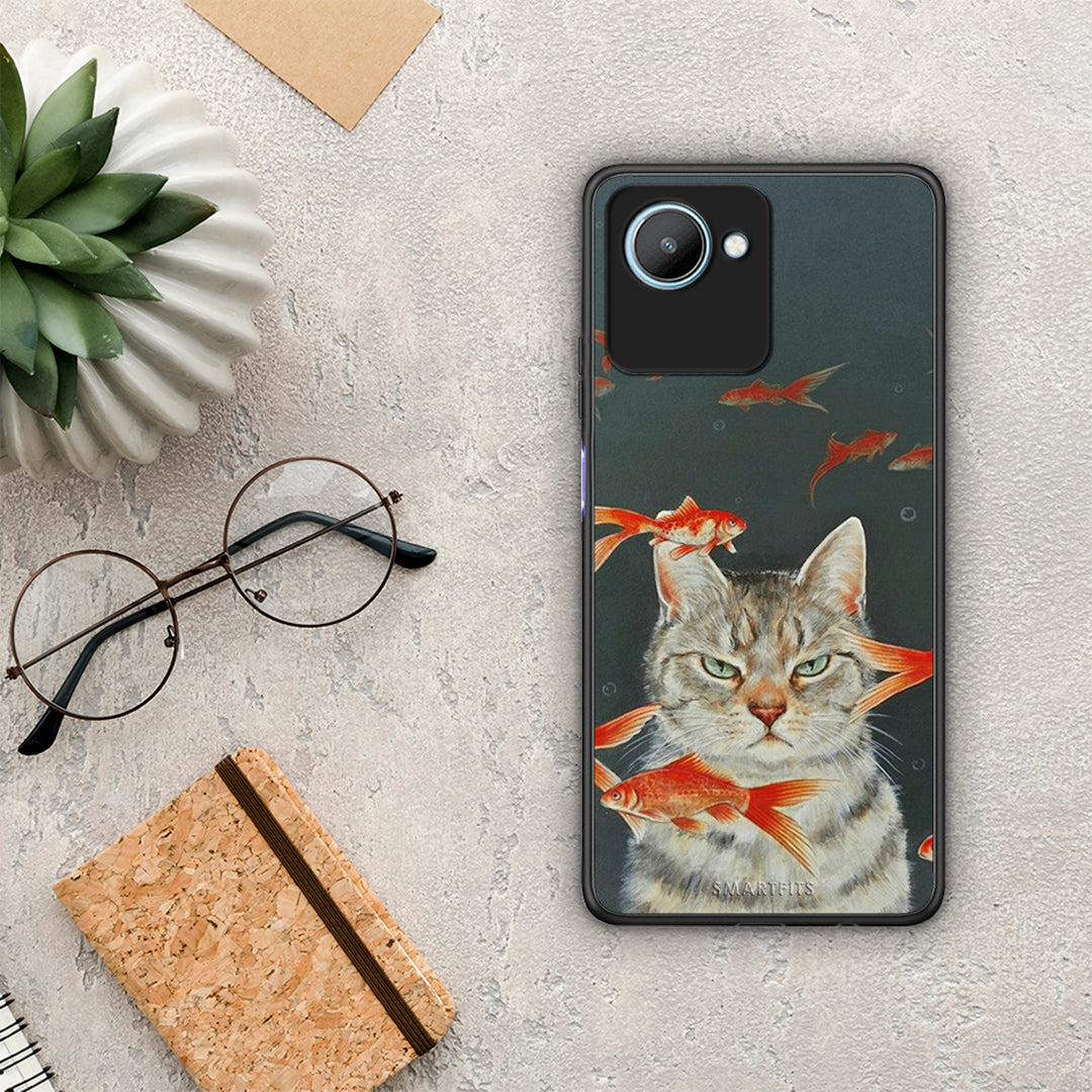 Θήκη Realme C30 Cat Goldfish από τη Smartfits με σχέδιο στο πίσω μέρος και μαύρο περίβλημα | Realme C30 Cat Goldfish Case with Colorful Back and Black Bezels