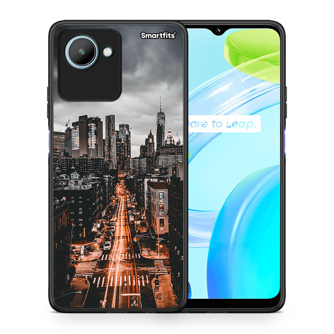 Θήκη Realme C30 City Lights από τη Smartfits με σχέδιο στο πίσω μέρος και μαύρο περίβλημα | Realme C30 City Lights Case with Colorful Back and Black Bezels