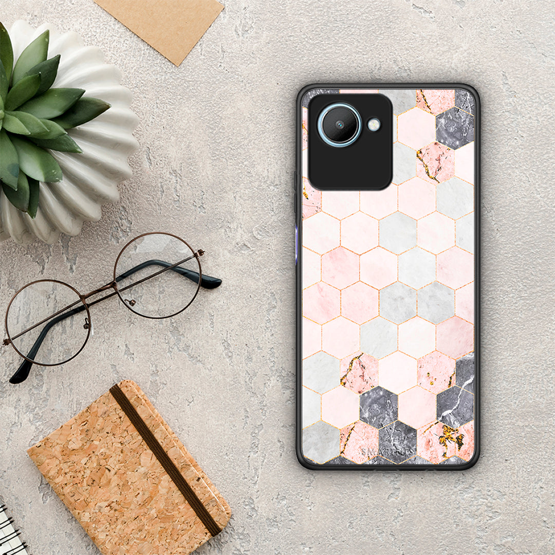 Θήκη Realme C30 Marble Hexagon Pink από τη Smartfits με σχέδιο στο πίσω μέρος και μαύρο περίβλημα | Realme C30 Marble Hexagon Pink Case with Colorful Back and Black Bezels