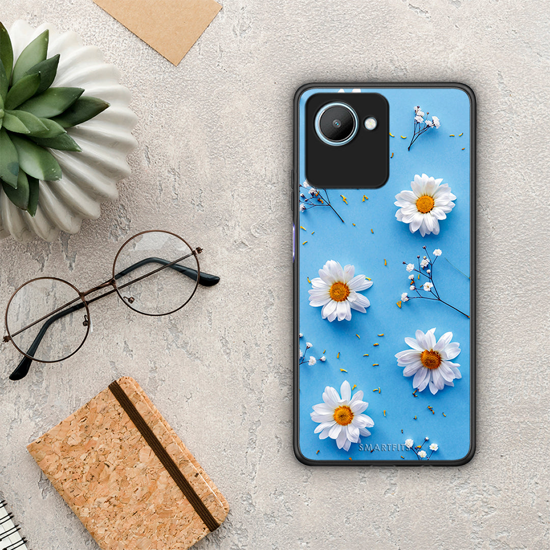 Θήκη Realme C30 Real Daisies από τη Smartfits με σχέδιο στο πίσω μέρος και μαύρο περίβλημα | Realme C30 Real Daisies Case with Colorful Back and Black Bezels