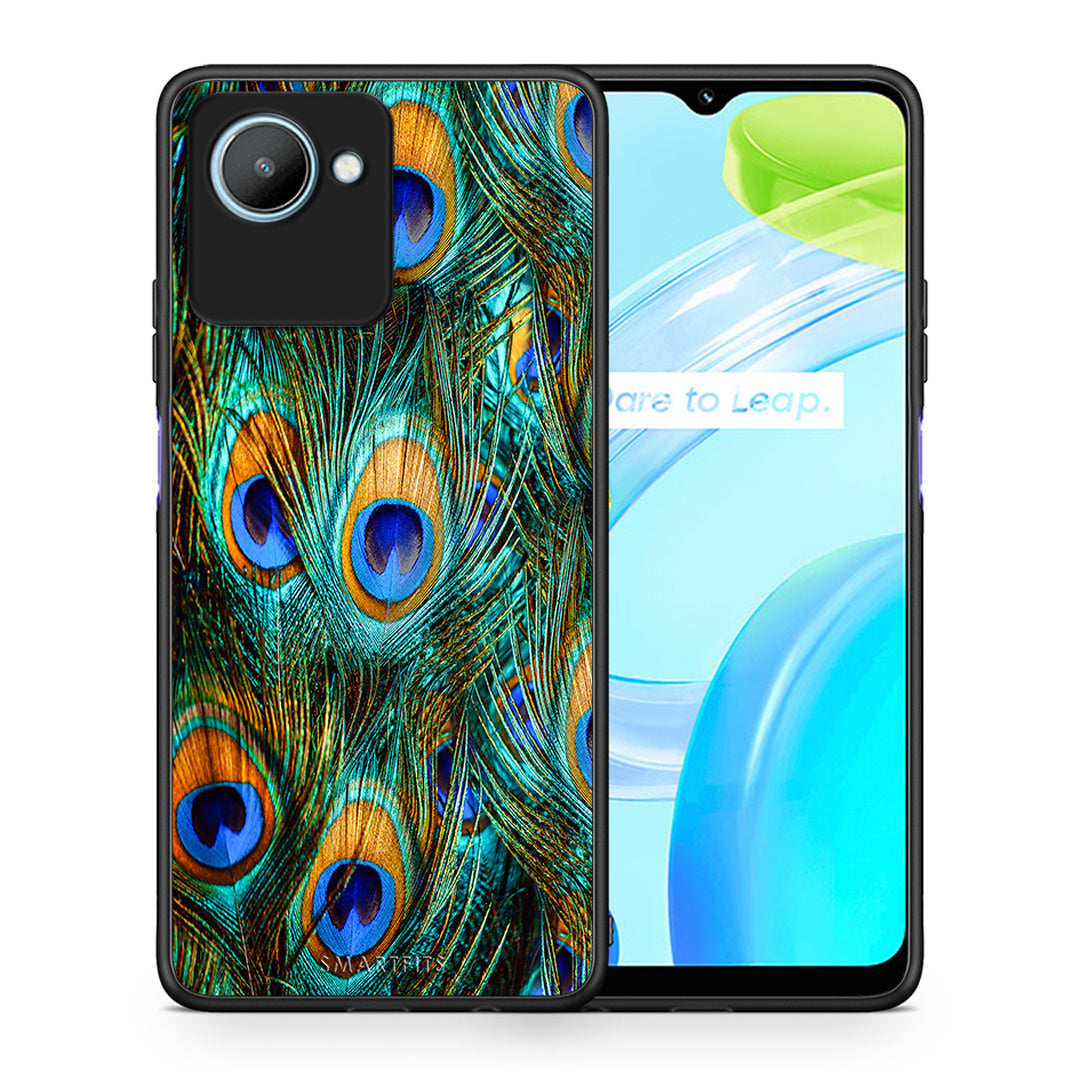 Θήκη Realme C30 Real Peacock Feathers από τη Smartfits με σχέδιο στο πίσω μέρος και μαύρο περίβλημα | Realme C30 Real Peacock Feathers Case with Colorful Back and Black Bezels