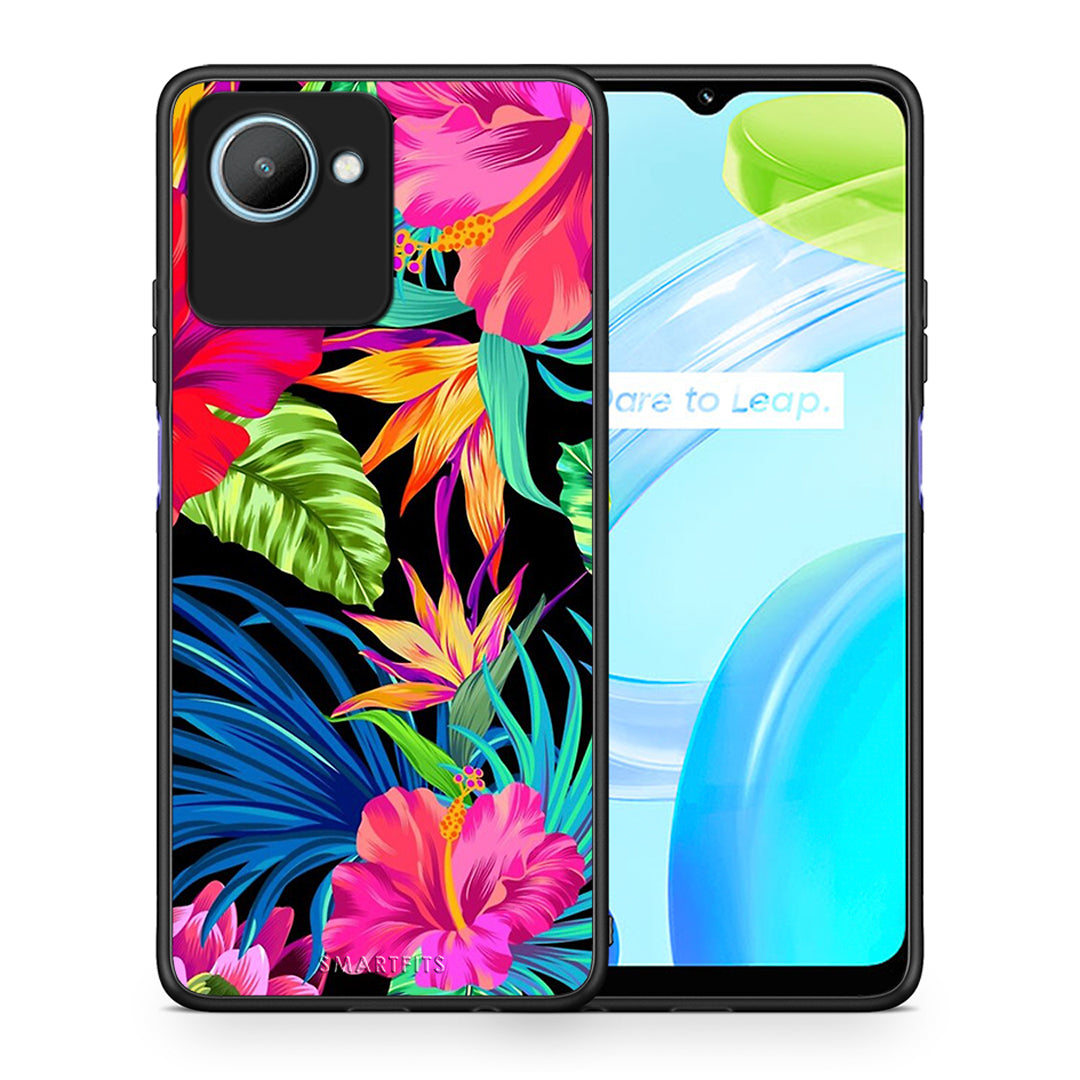 Θήκη Realme C30 Tropical Flowers από τη Smartfits με σχέδιο στο πίσω μέρος και μαύρο περίβλημα | Realme C30 Tropical Flowers Case with Colorful Back and Black Bezels