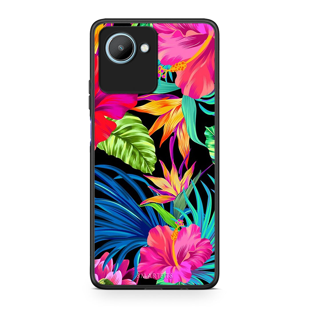 Θήκη Realme C30 Tropical Flowers από τη Smartfits με σχέδιο στο πίσω μέρος και μαύρο περίβλημα | Realme C30 Tropical Flowers Case with Colorful Back and Black Bezels