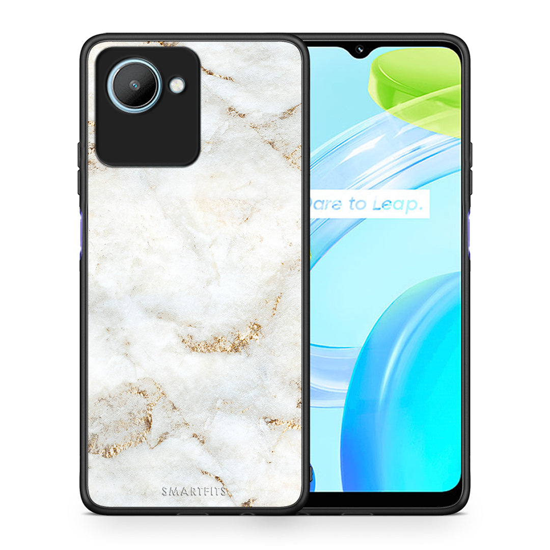 Θήκη Realme C30 White Gold Marble από τη Smartfits με σχέδιο στο πίσω μέρος και μαύρο περίβλημα | Realme C30 White Gold Marble Case with Colorful Back and Black Bezels
