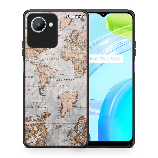 Θήκη Realme C30 World Map από τη Smartfits με σχέδιο στο πίσω μέρος και μαύρο περίβλημα | Realme C30 World Map Case with Colorful Back and Black Bezels