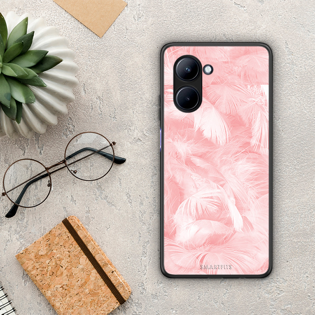 Θήκη Realme C33 Boho Pink Feather από τη Smartfits με σχέδιο στο πίσω μέρος και μαύρο περίβλημα | Realme C33 Boho Pink Feather Case with Colorful Back and Black Bezels