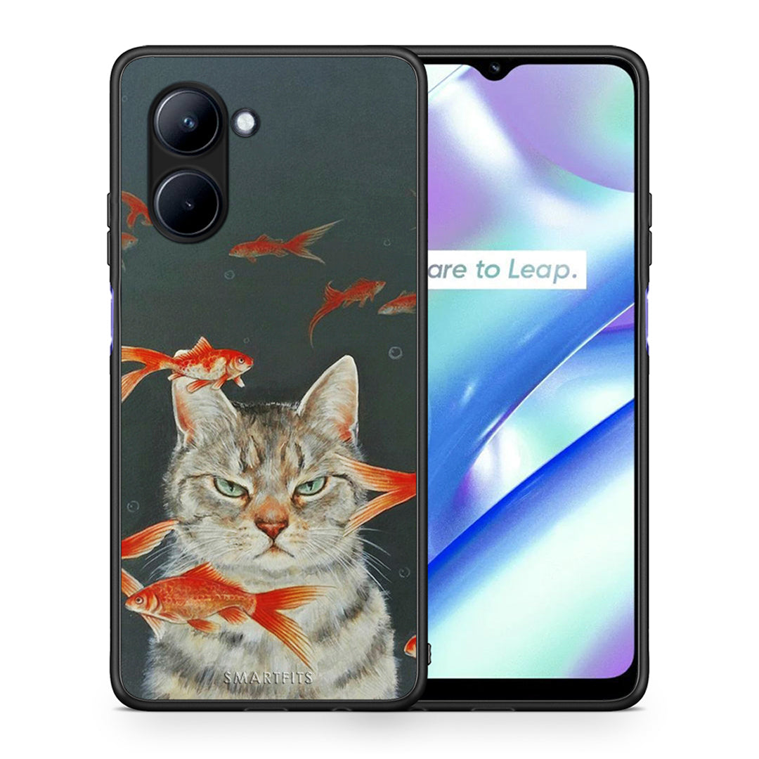 Θήκη Realme C33 Cat Goldfish από τη Smartfits με σχέδιο στο πίσω μέρος και μαύρο περίβλημα | Realme C33 Cat Goldfish Case with Colorful Back and Black Bezels