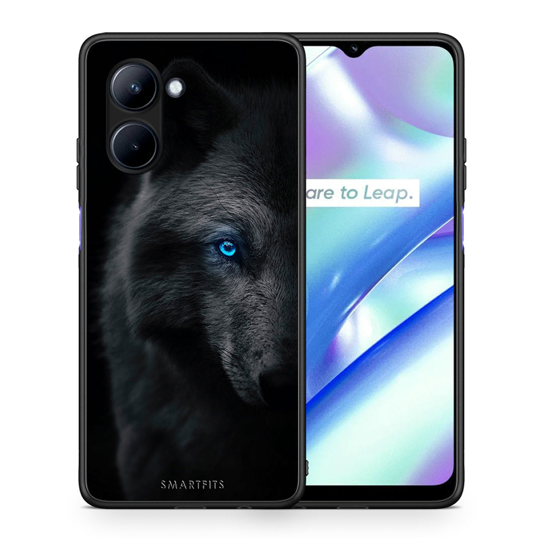 Θήκη Realme C33 Dark Wolf από τη Smartfits με σχέδιο στο πίσω μέρος και μαύρο περίβλημα | Realme C33 Dark Wolf Case with Colorful Back and Black Bezels