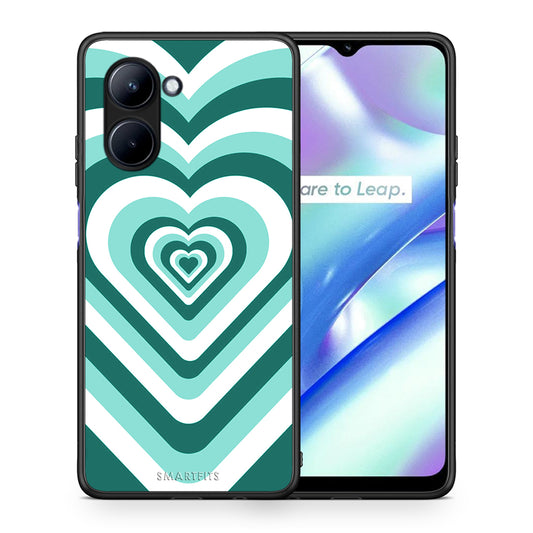 Θήκη Realme C33 Green Hearts από τη Smartfits με σχέδιο στο πίσω μέρος και μαύρο περίβλημα | Realme C33 Green Hearts Case with Colorful Back and Black Bezels