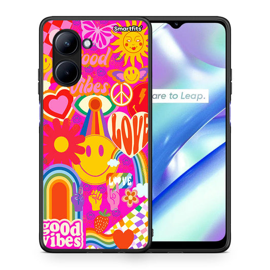 Θήκη Realme C33 Hippie Love από τη Smartfits με σχέδιο στο πίσω μέρος και μαύρο περίβλημα | Realme C33 Hippie Love Case with Colorful Back and Black Bezels