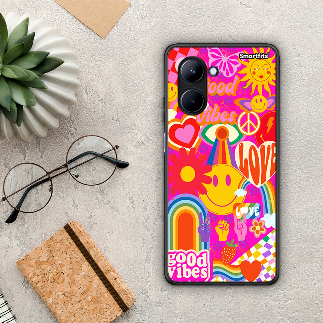 Θήκη Realme C33 Hippie Love από τη Smartfits με σχέδιο στο πίσω μέρος και μαύρο περίβλημα | Realme C33 Hippie Love Case with Colorful Back and Black Bezels