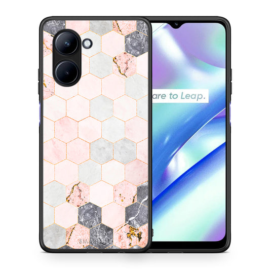 Θήκη Realme C33 Marble Hexagon Pink από τη Smartfits με σχέδιο στο πίσω μέρος και μαύρο περίβλημα | Realme C33 Marble Hexagon Pink Case with Colorful Back and Black Bezels
