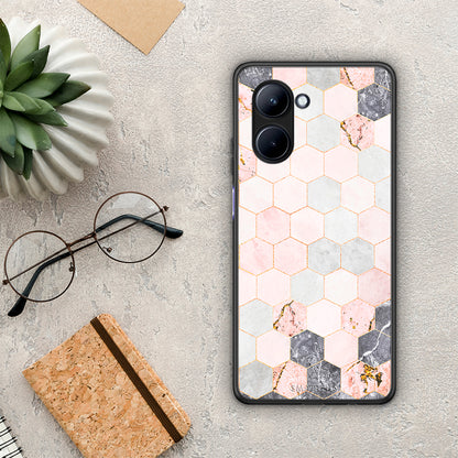 Θήκη Realme C33 Marble Hexagon Pink από τη Smartfits με σχέδιο στο πίσω μέρος και μαύρο περίβλημα | Realme C33 Marble Hexagon Pink Case with Colorful Back and Black Bezels