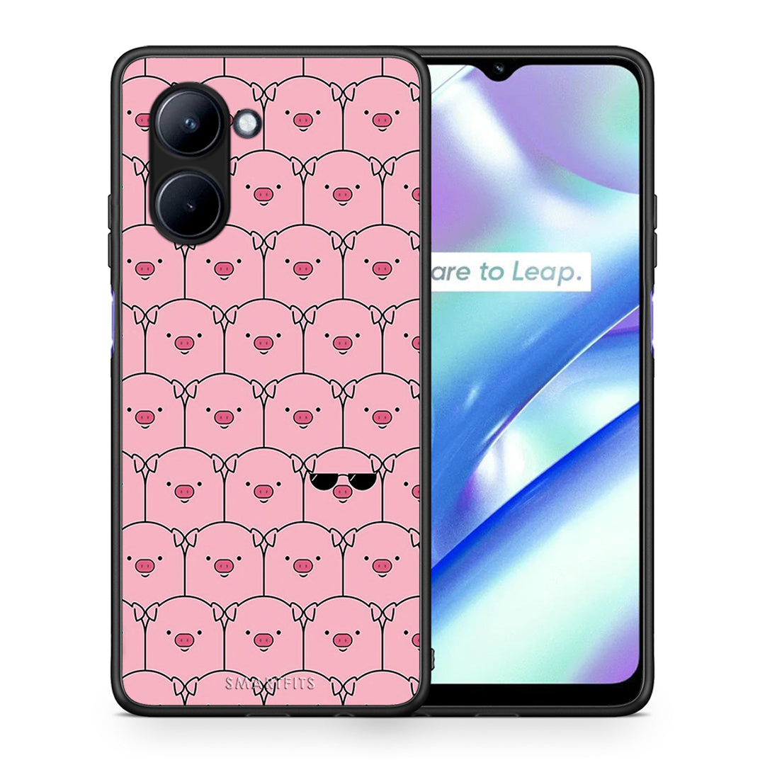 Θήκη Realme C33 Pig Glasses από τη Smartfits με σχέδιο στο πίσω μέρος και μαύρο περίβλημα | Realme C33 Pig Glasses Case with Colorful Back and Black Bezels
