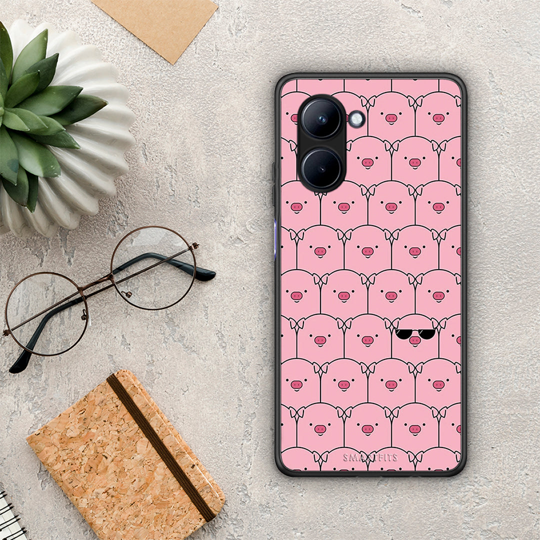 Θήκη Realme C33 Pig Glasses από τη Smartfits με σχέδιο στο πίσω μέρος και μαύρο περίβλημα | Realme C33 Pig Glasses Case with Colorful Back and Black Bezels