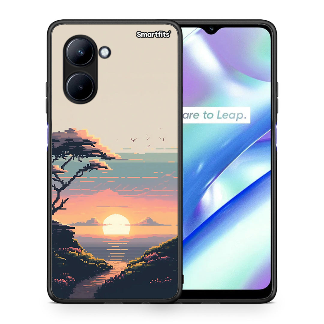 Θήκη Realme C33 Pixel Sunset από τη Smartfits με σχέδιο στο πίσω μέρος και μαύρο περίβλημα | Realme C33 Pixel Sunset Case with Colorful Back and Black Bezels